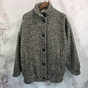 Vintage Coat Womens 1X Gray Wool Tweed Words 80s 90s Pleated Slouchy Korea